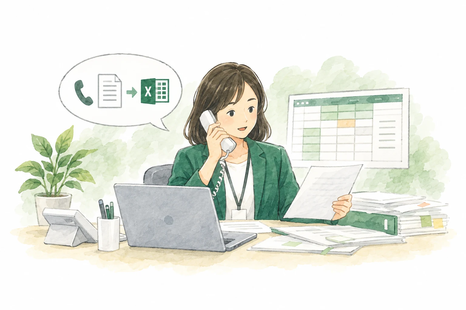 電話を受けながら書類を確認し、内容をExcelに転記している担当者のイラスト