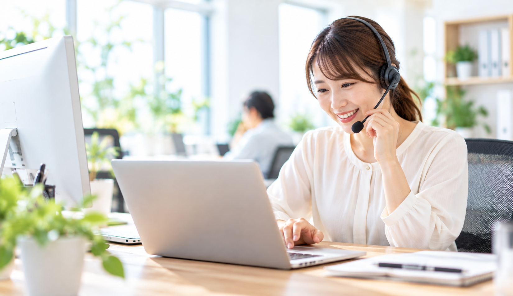 ヘッドセットを付けた女性が、ノートパソコンを見ながら笑顔で受付対応をしている様子
