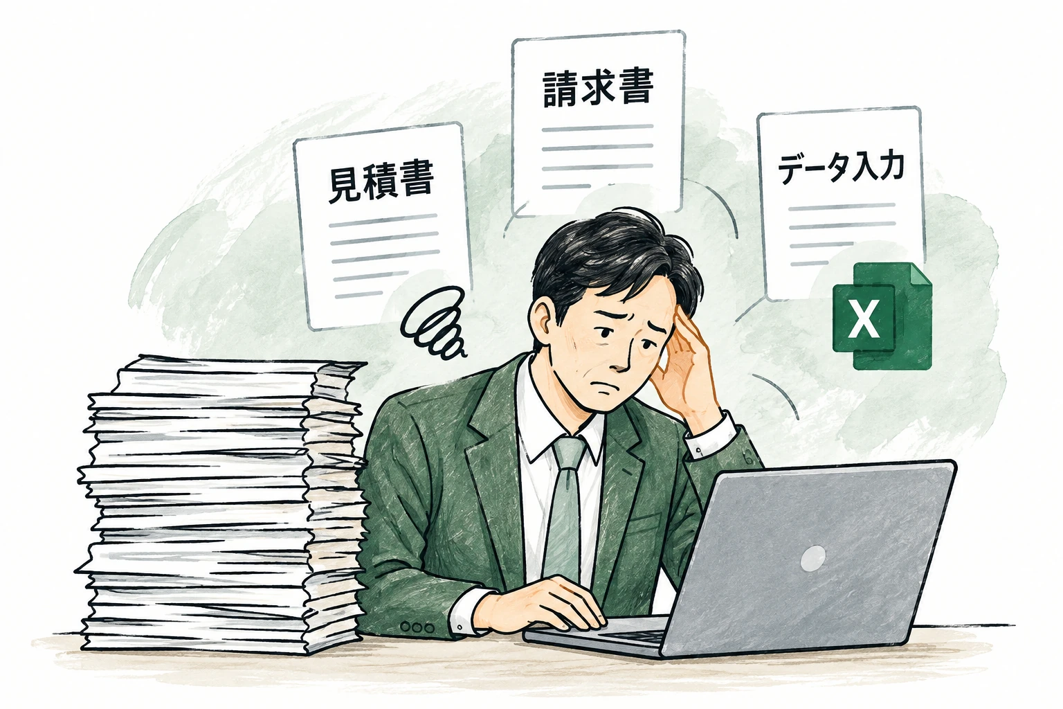 疲れた表情でノートパソコンに向かう男性。机には書類の山があり、「見積書」「請求書」「データ入力」の書類が周りに浮かんでいるイラスト