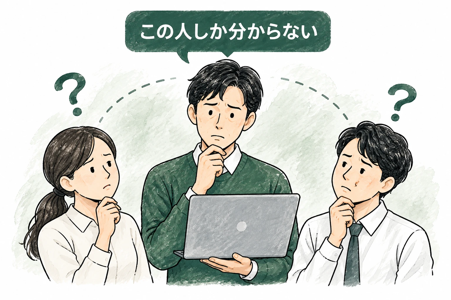 ノートパソコンを持つ男性の吹き出しに「この人しか分からない」とあり、両脇の同僚2人が首をかしげているイラスト