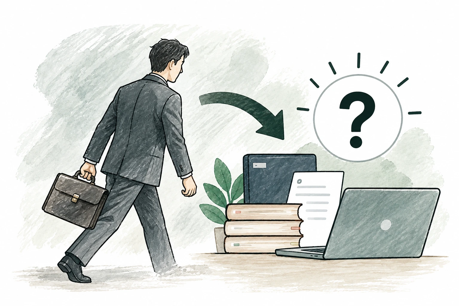 かばんを持って去っていく社員と、残された書類やパソコンの上に大きな「？」が浮かんでいるイラスト