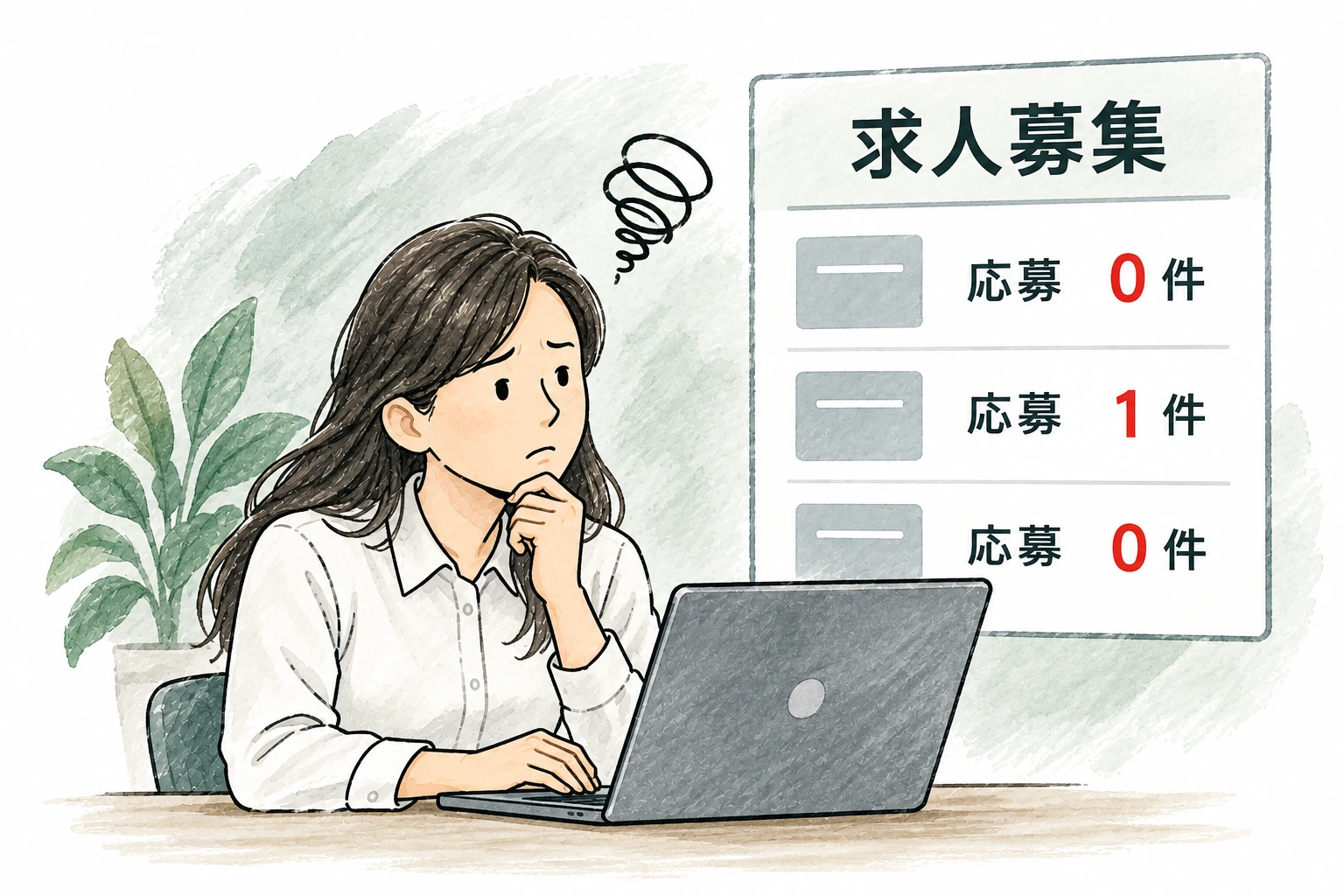 ノートパソコンの前で悩む女性と、「求人募集」の画面に「応募0件」「応募1件」「応募0件」と表示されているイラスト
